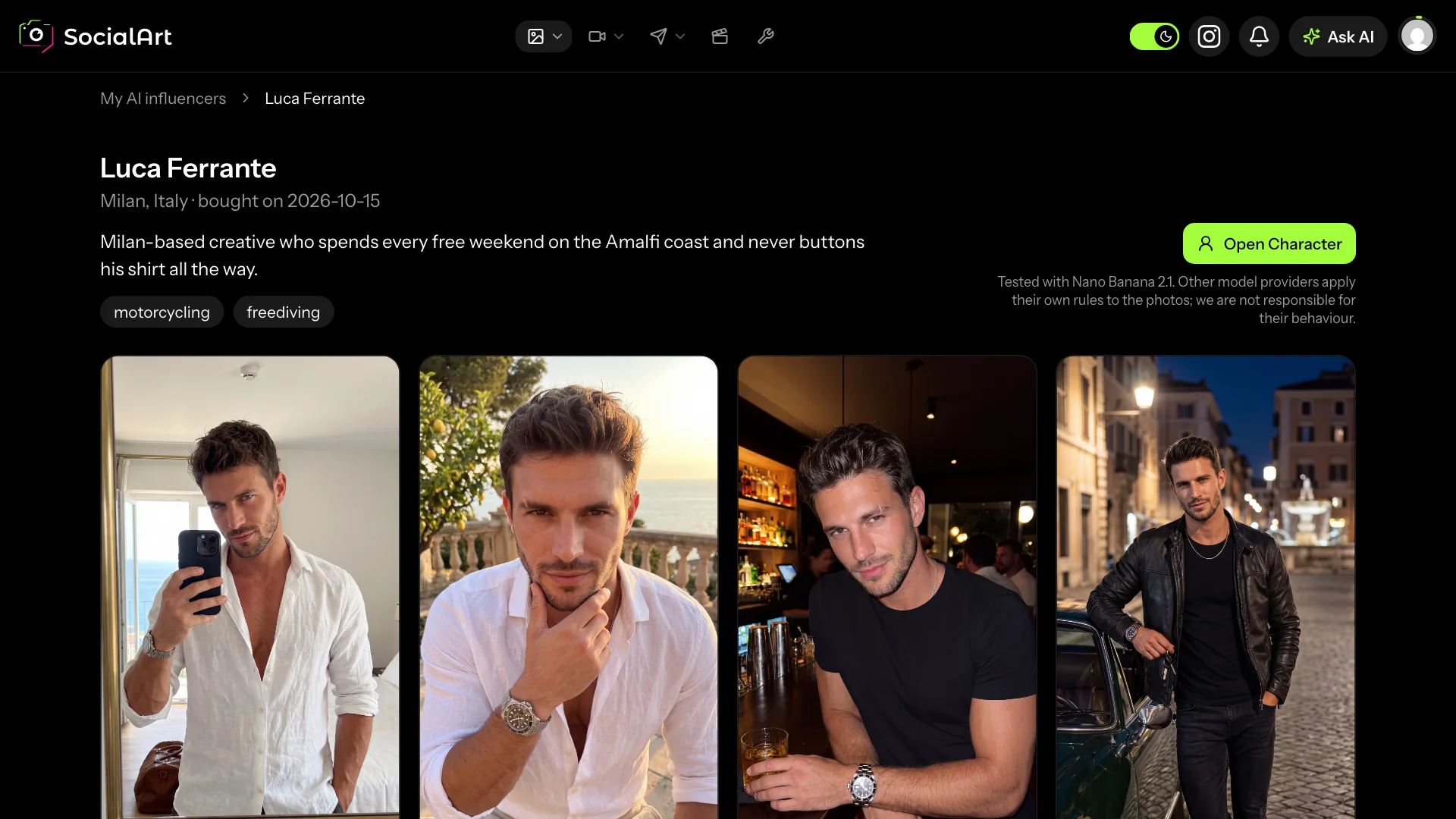 The My AI influencers page after a purchase: the influencer's name, city and bio, an Open Character button, and the photo set in 4K with download buttons