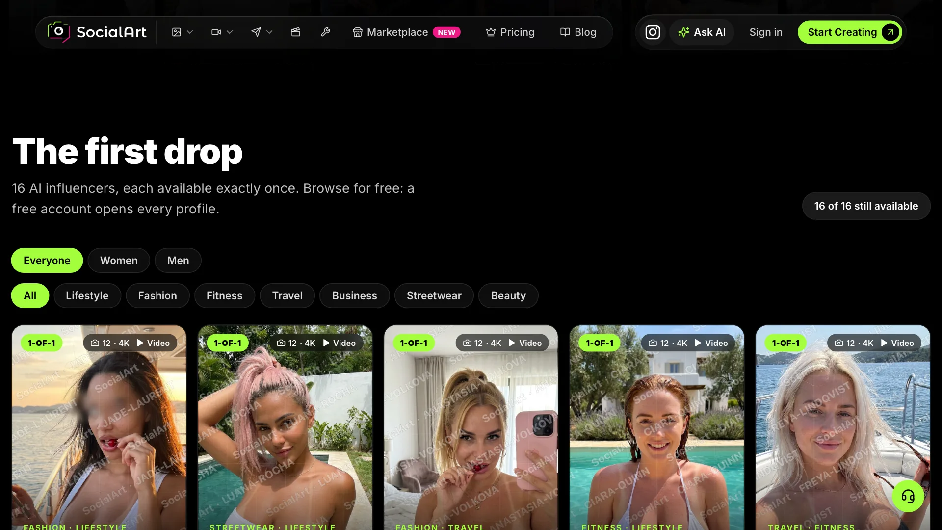 The drop on socialart.ai/marketplace: a grid of AI influencer cards with 1-OF-1 badges, the photo count, a Video badge, and filters for Women, Men and niches