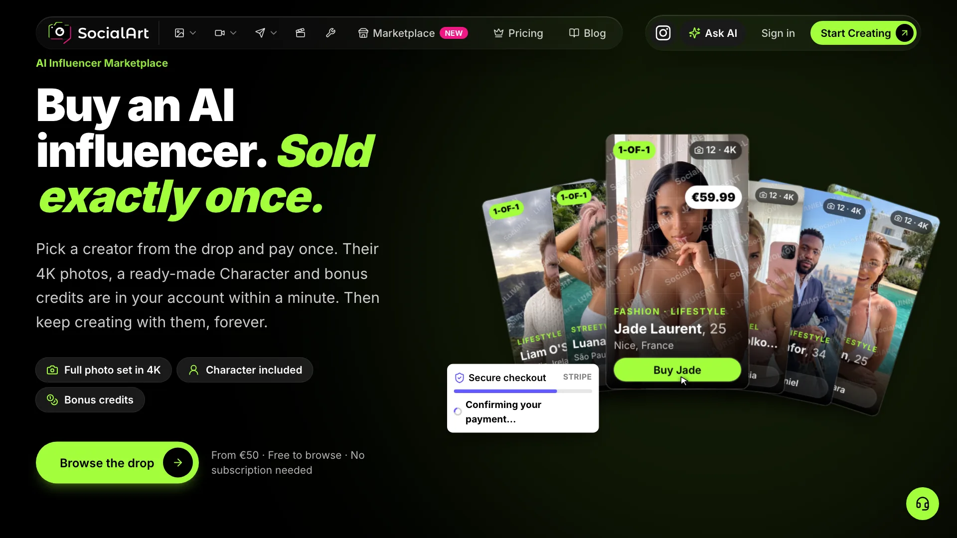 The marketplace section on the SocialArt home page: a fan of AI influencer cards with one lifted to the front, its price tag and a cursor on the Buy button