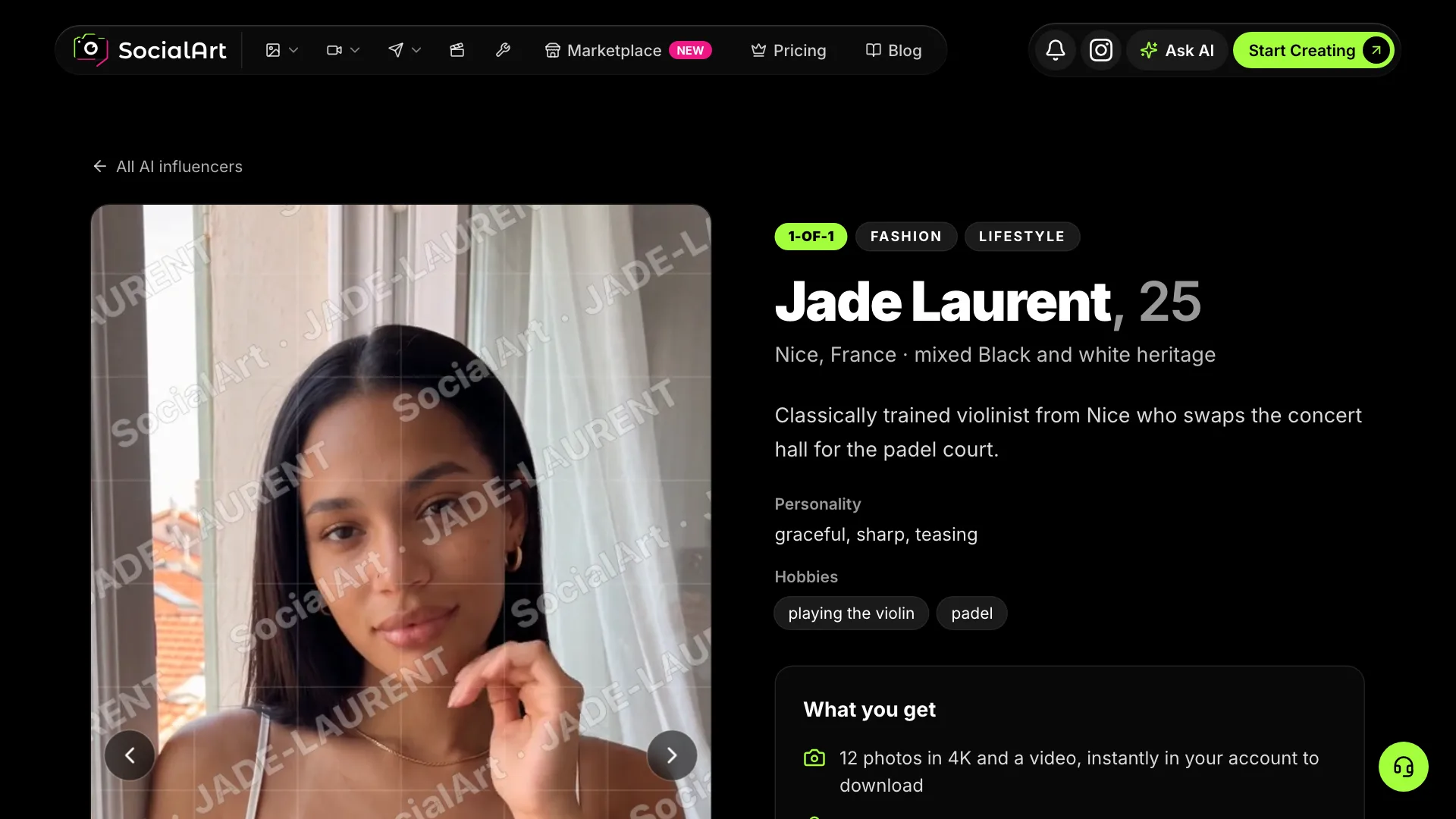 A profile on the marketplace: the photo carousel with the SocialArt watermark on the left, the name, age, city, bio, personality and hobbies on the right, and the What you get list