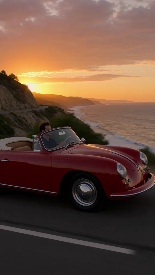 Portrait frame of a red vintage convertible driving along a coastal road with the sun setting over the sea