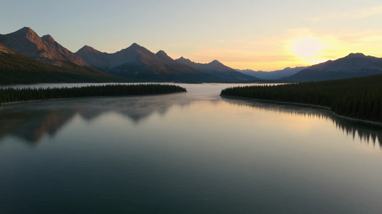 Drone view over a calm mountain lake at sunrise, mist over the water and forested shores reflected in it