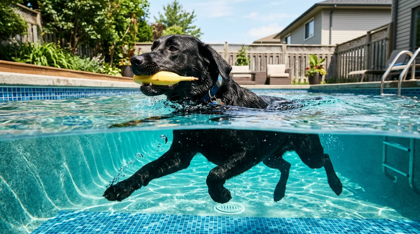 Nano Banana 2 AI generated image - photorealistic dog swimming in pool with tennis ball