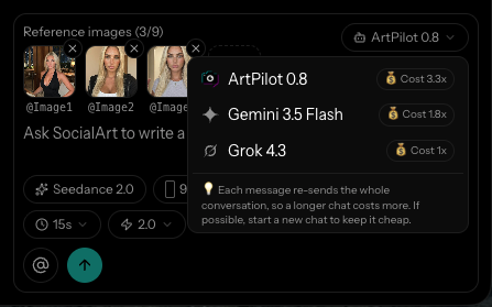 The Prompt Agent engine picker showing ArtPilot, Gemini and Grok with a relative cost badge next to each