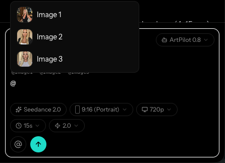 The Prompt Agent @mention picker listing attached reference images so you can point the AI at a specific one
