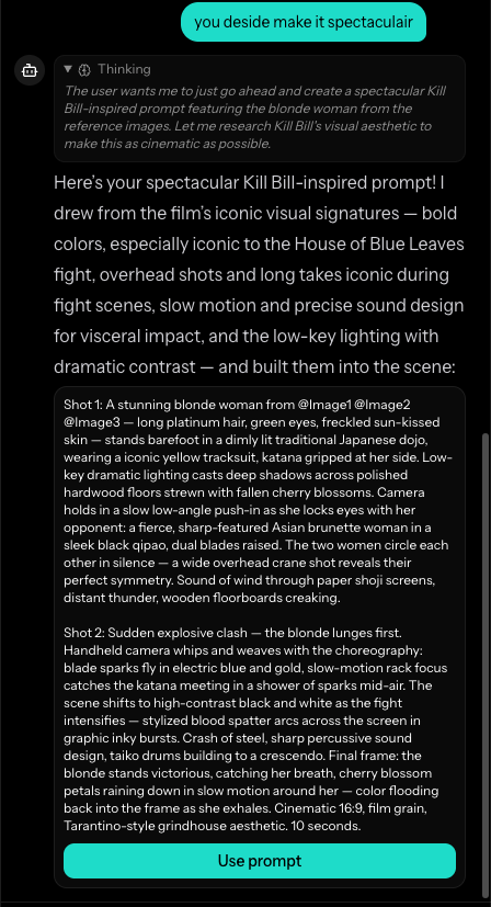 The Prompt Agent researching a film's visual aesthetic with web search and returning a detailed, multi-shot AI prompt with a Use prompt button