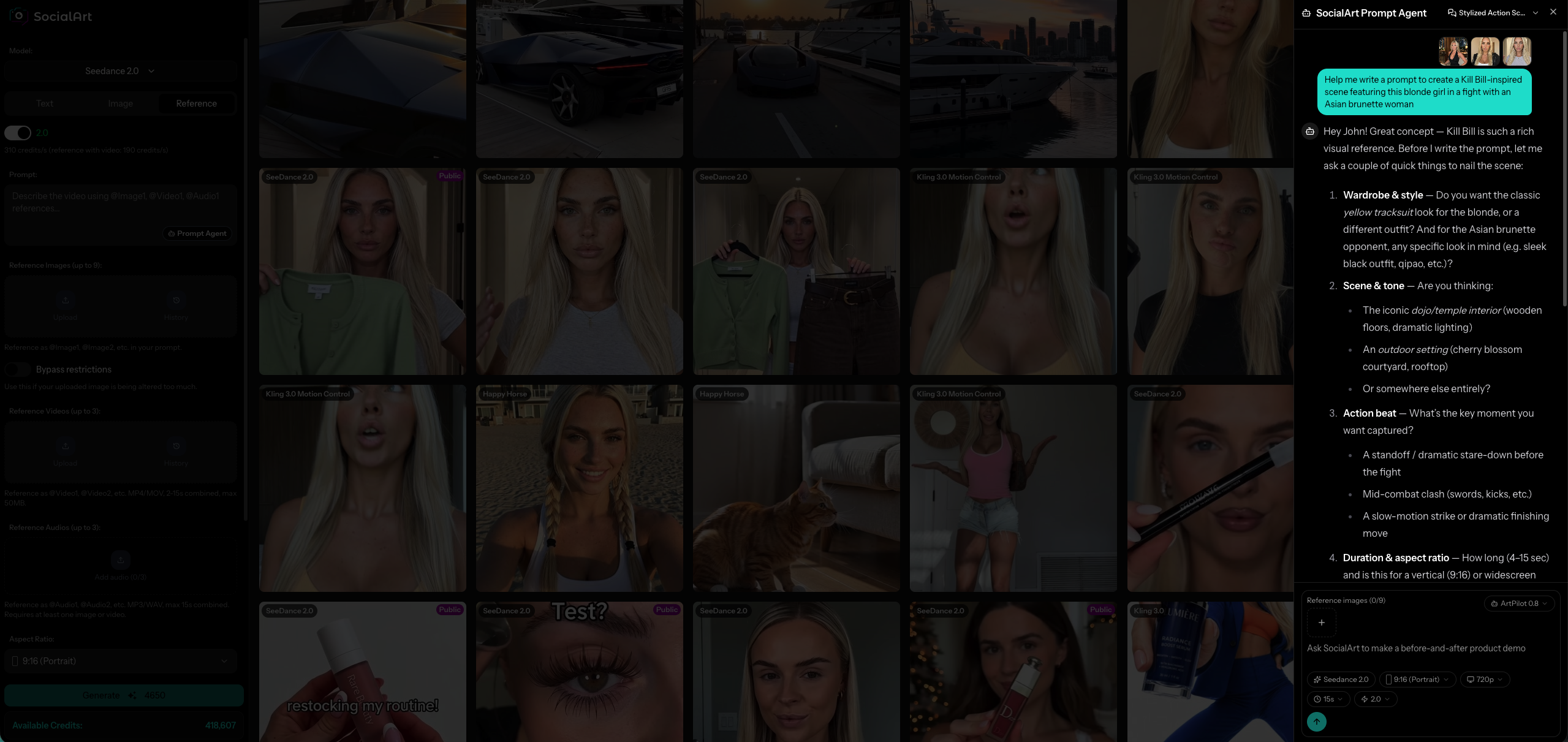 The SocialArt Prompt Agent panel open in the image studio, turning a plain-language request into a ready-to-use AI prompt