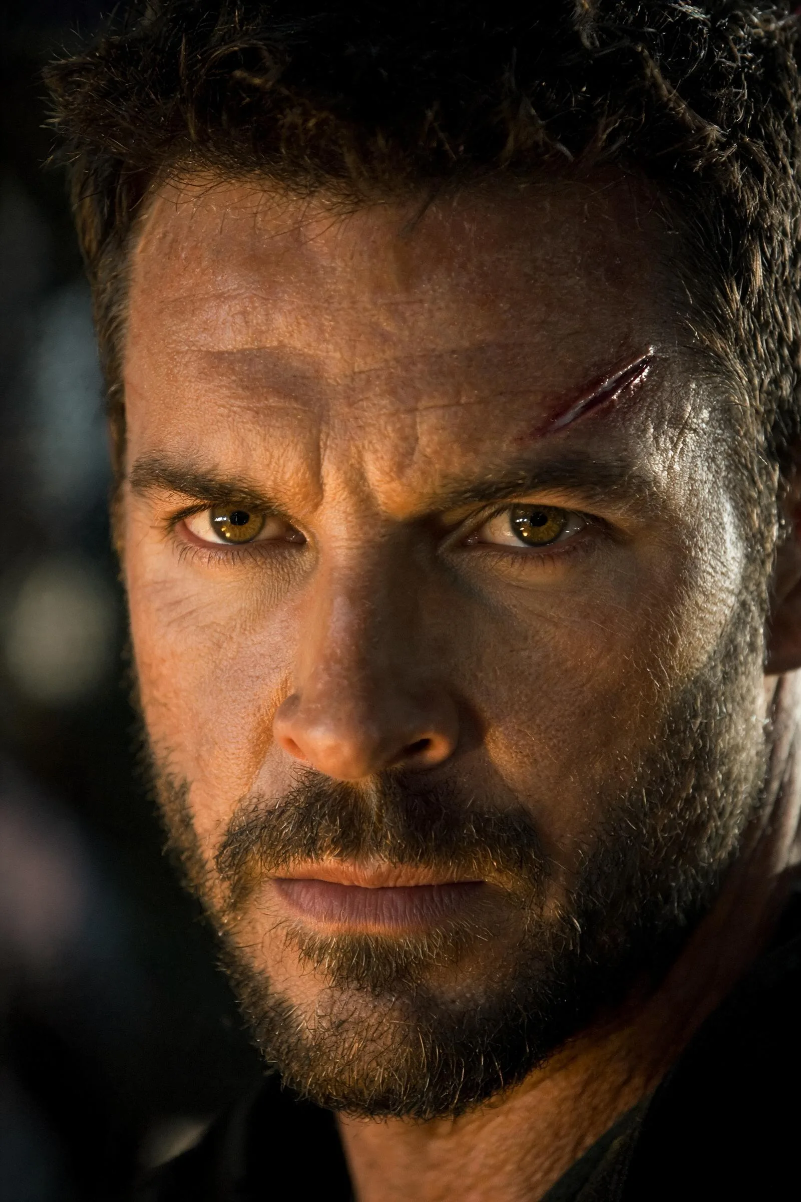 AI generated fictional male action hero with a strong jawline and stubble