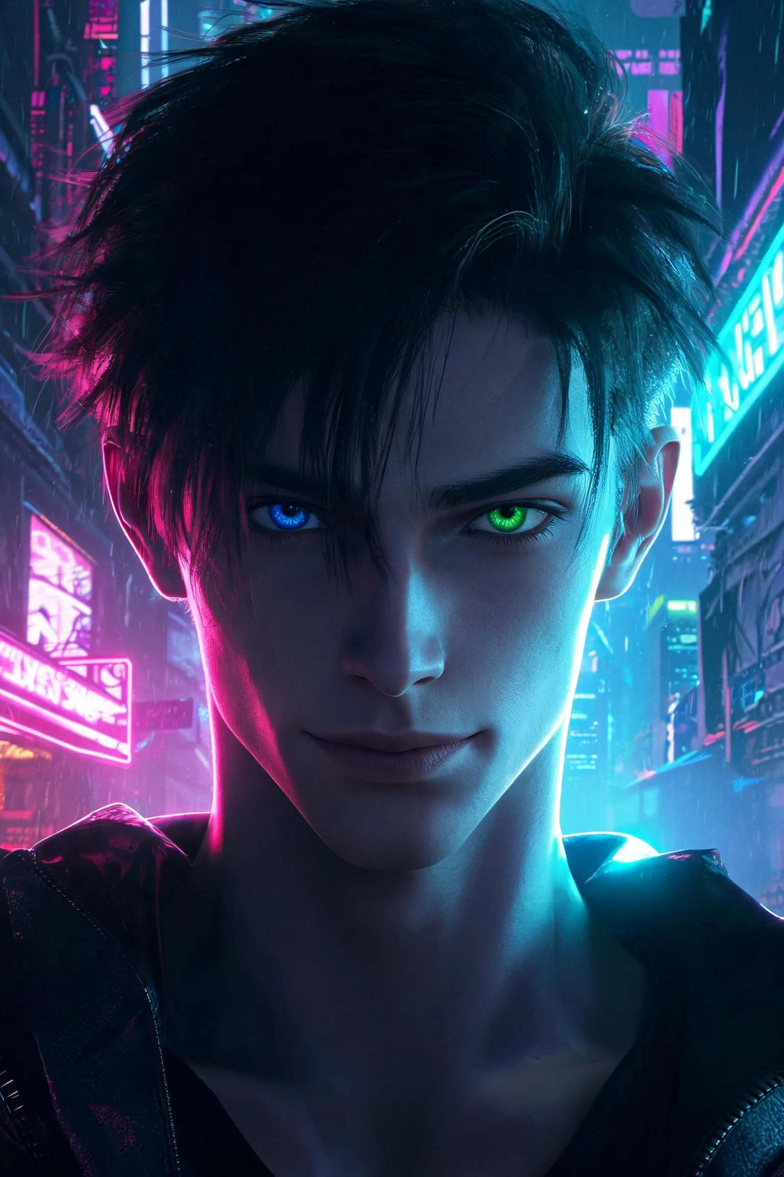AI generated fictional cyberpunk hacker with heterochromia under neon lighting
