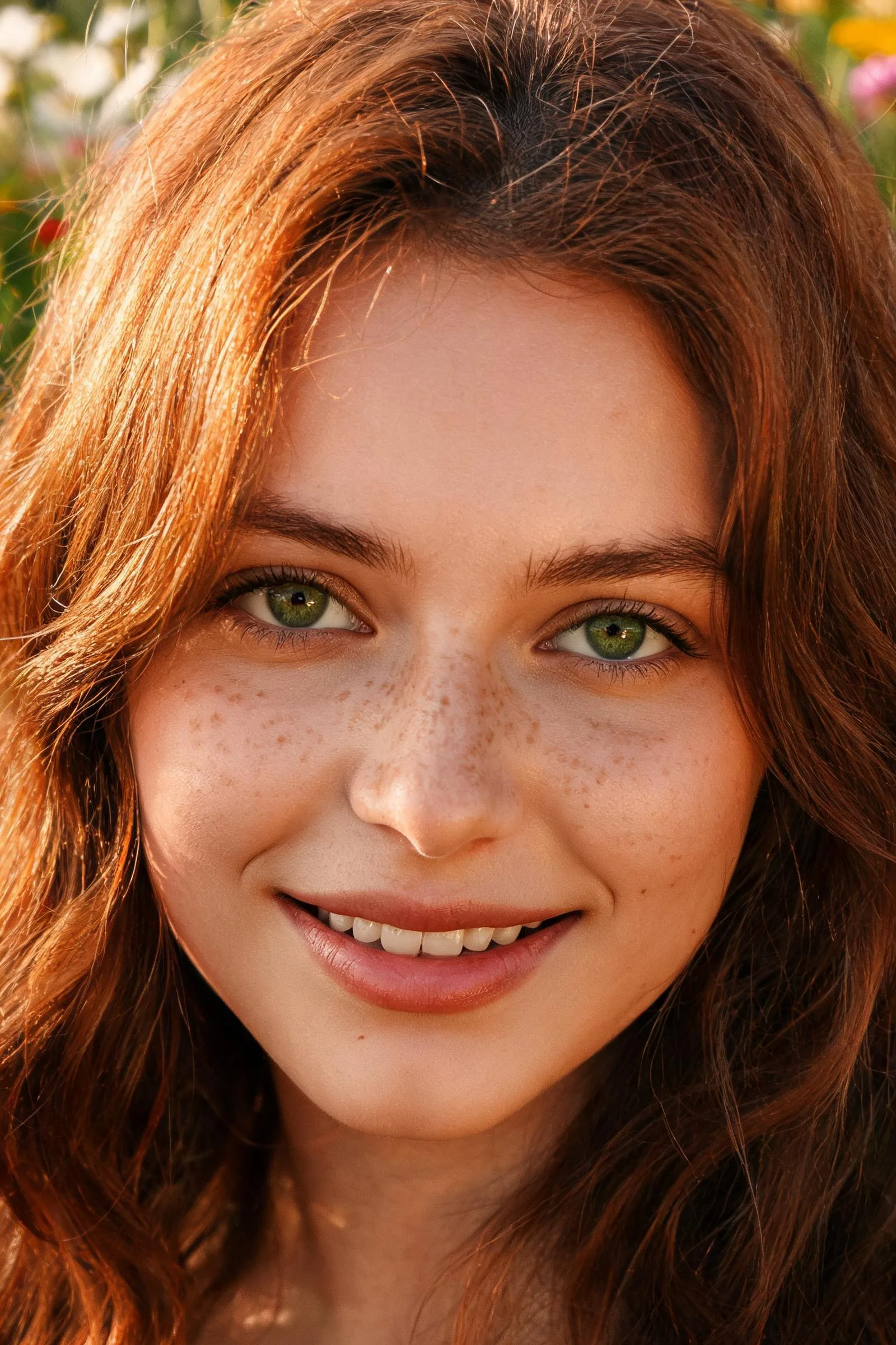 AI generated fictional woman with freckles and auburn hair in golden hour light