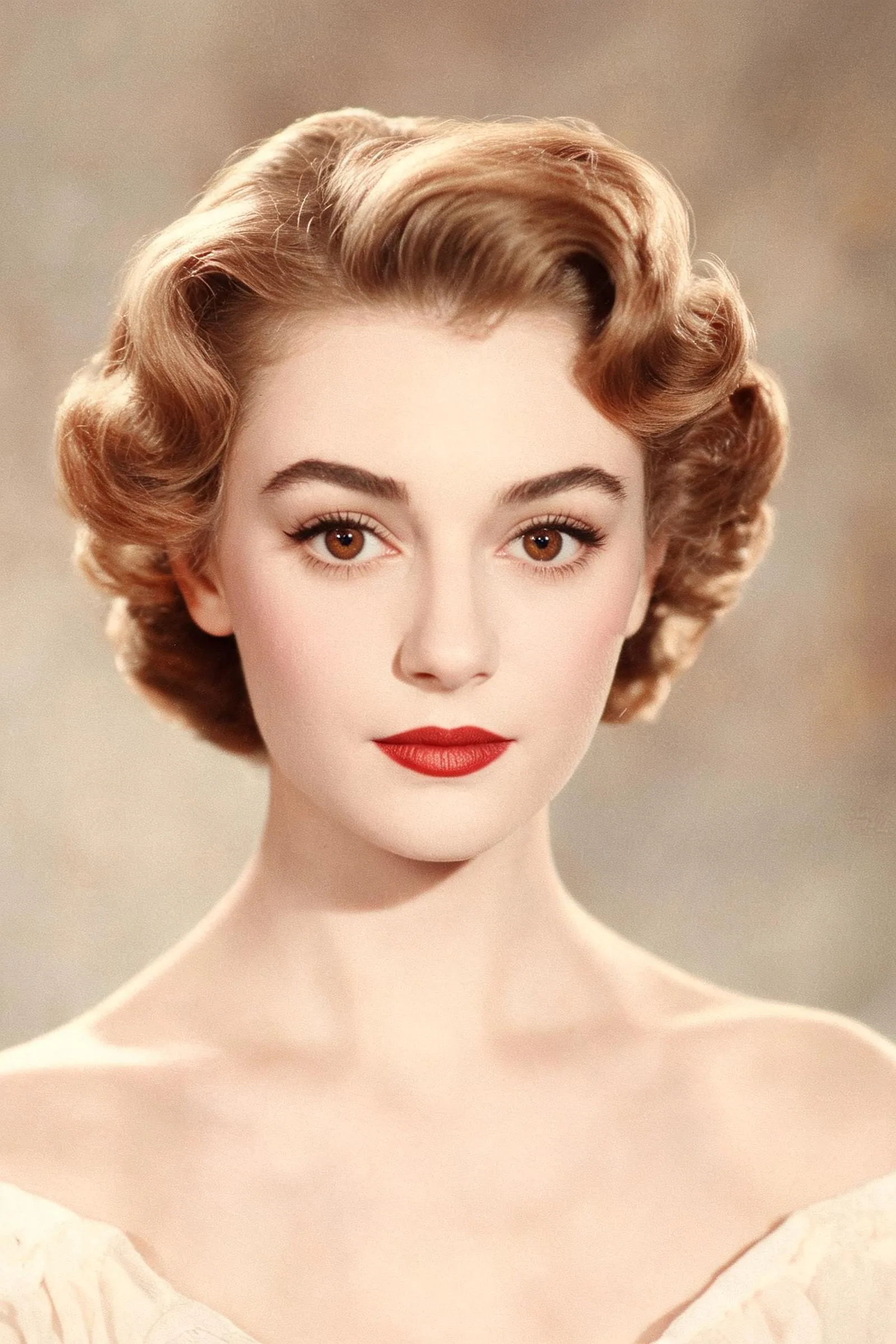 AI generated elegant fictional vintage-style woman with doe-like eyes