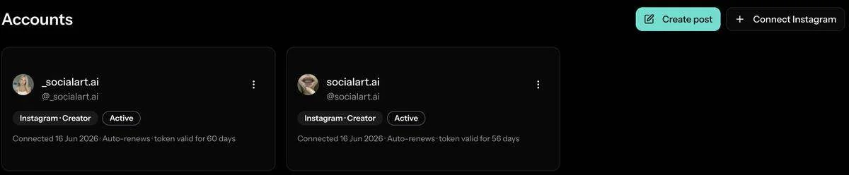 The Social Post Accounts page in SocialArt.ai listing two connected Instagram Creator accounts, each marked Active with the number of days its token is still valid
