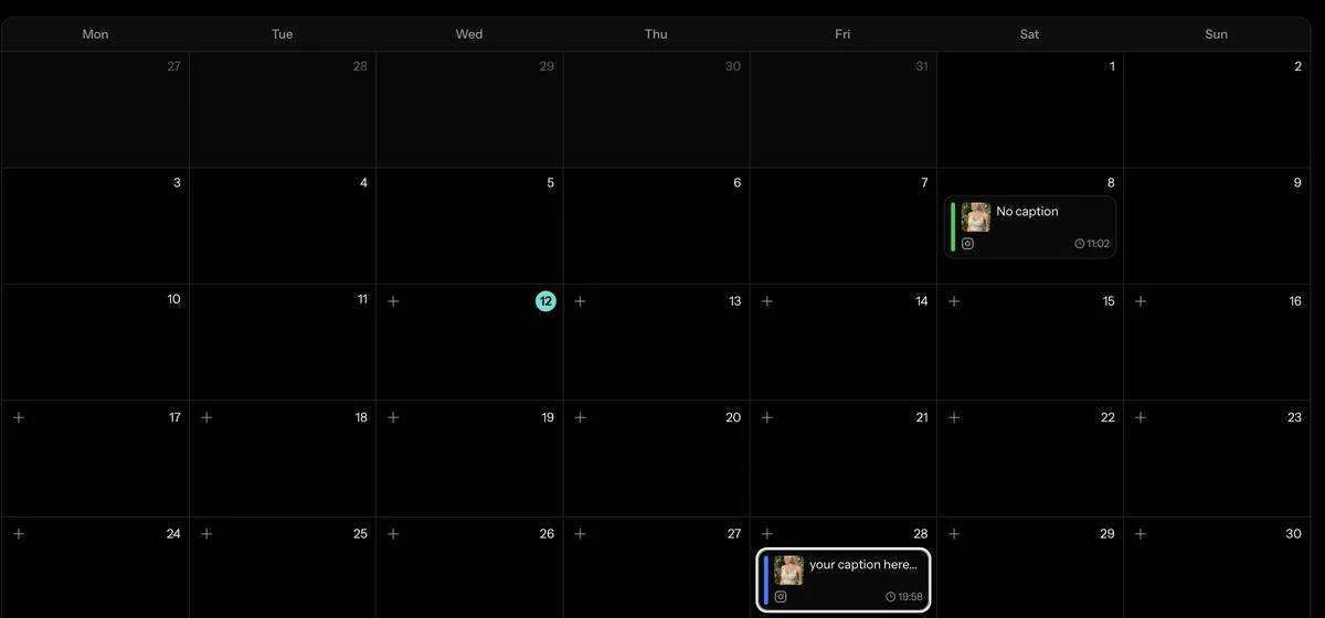 The Social Post month calendar in SocialArt.ai with a published Story and a scheduled Feed post placed on their days, and plus buttons on every future day to create a post for that slot