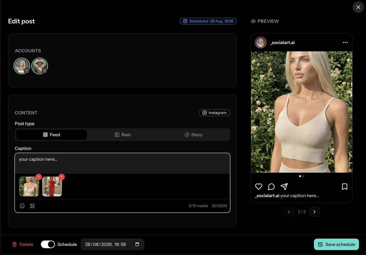 The Social Post composer in SocialArt.ai with two Instagram accounts selected, the Feed post type active, a two-image carousel in the caption field and a live Instagram preview on the right