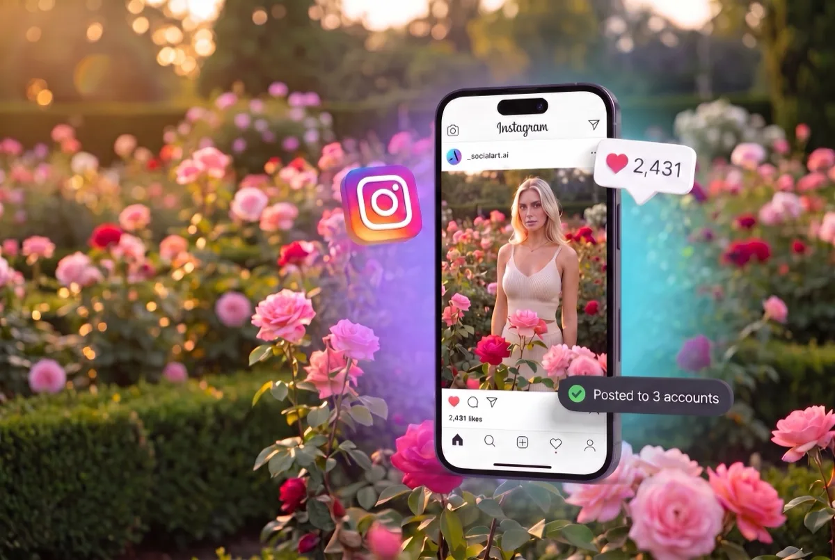 A phone showing an Instagram post published from SocialArt.ai, with the notice Posted to 3 accounts, in front of a rose garden at golden hour