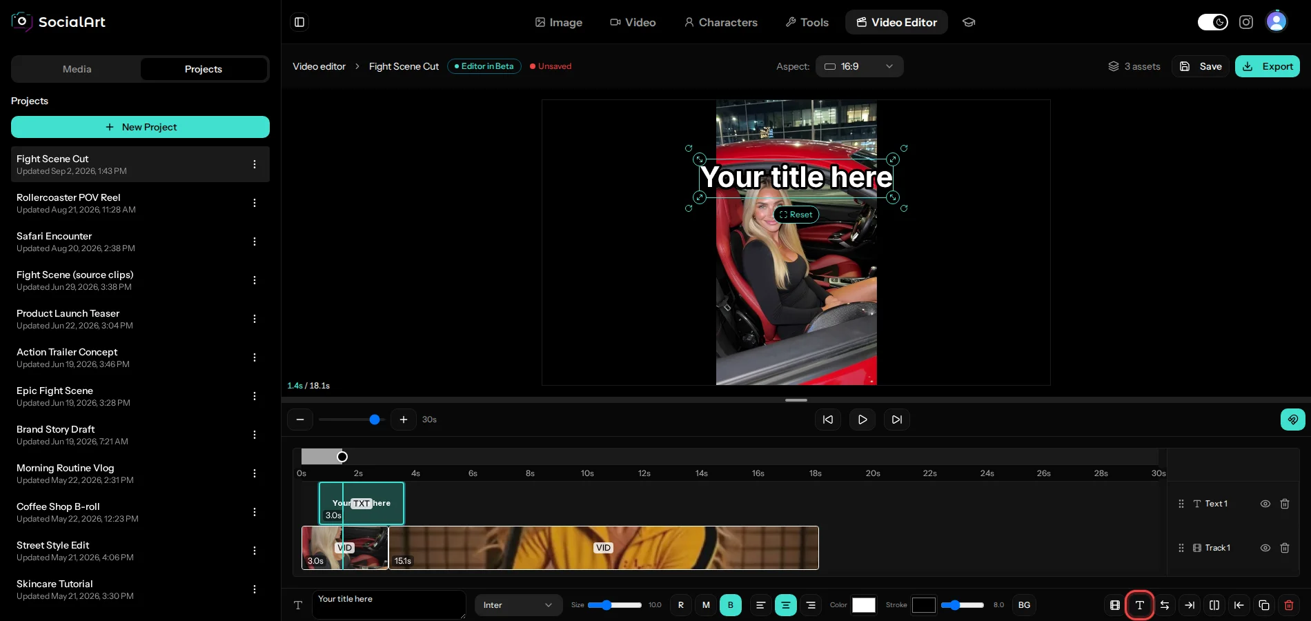 A text clip added to the editor timeline, shown on the preview canvas with resize and rotate handles, and the Add text button marked in red