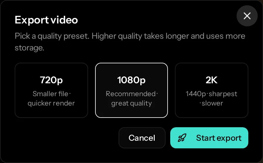 The Export video dialog of the SocialArt.ai video editor with the 720p, 1080p and 2K quality presets