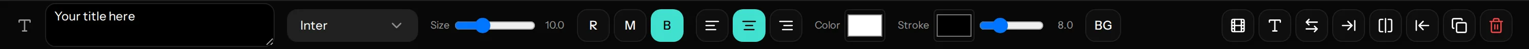 The text toolbar of the SocialArt.ai video editor with font, size, weight, alignment, colour, stroke and background controls