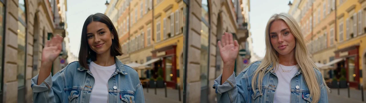 Left: the original street clip with a dark-haired woman waving; right: the same clip recast with a blonde character, same jacket, same wave, same street