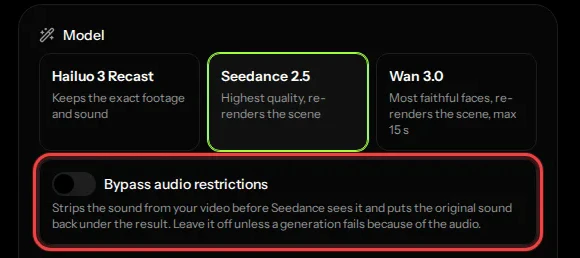 Seedance 2.5 selected with the Bypass audio restrictions switch below it