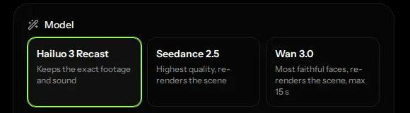 The three model cards on the Video Recast page: Hailuo 3 Recast, Seedance 2.5 and Wan 3.0