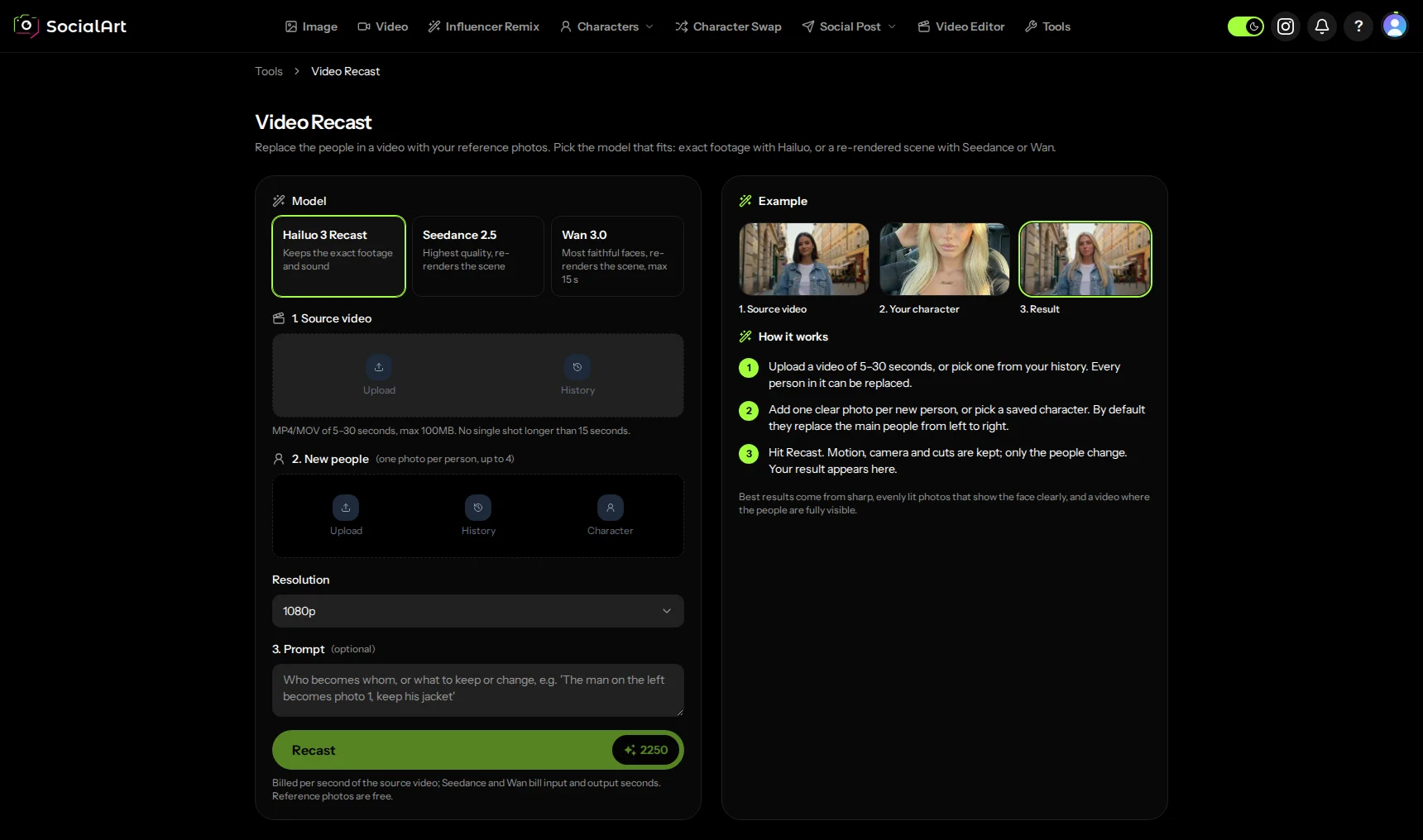 The Video Recast page in SocialArt.ai with the three model cards, the source video and photo steps on the left and an example on the right