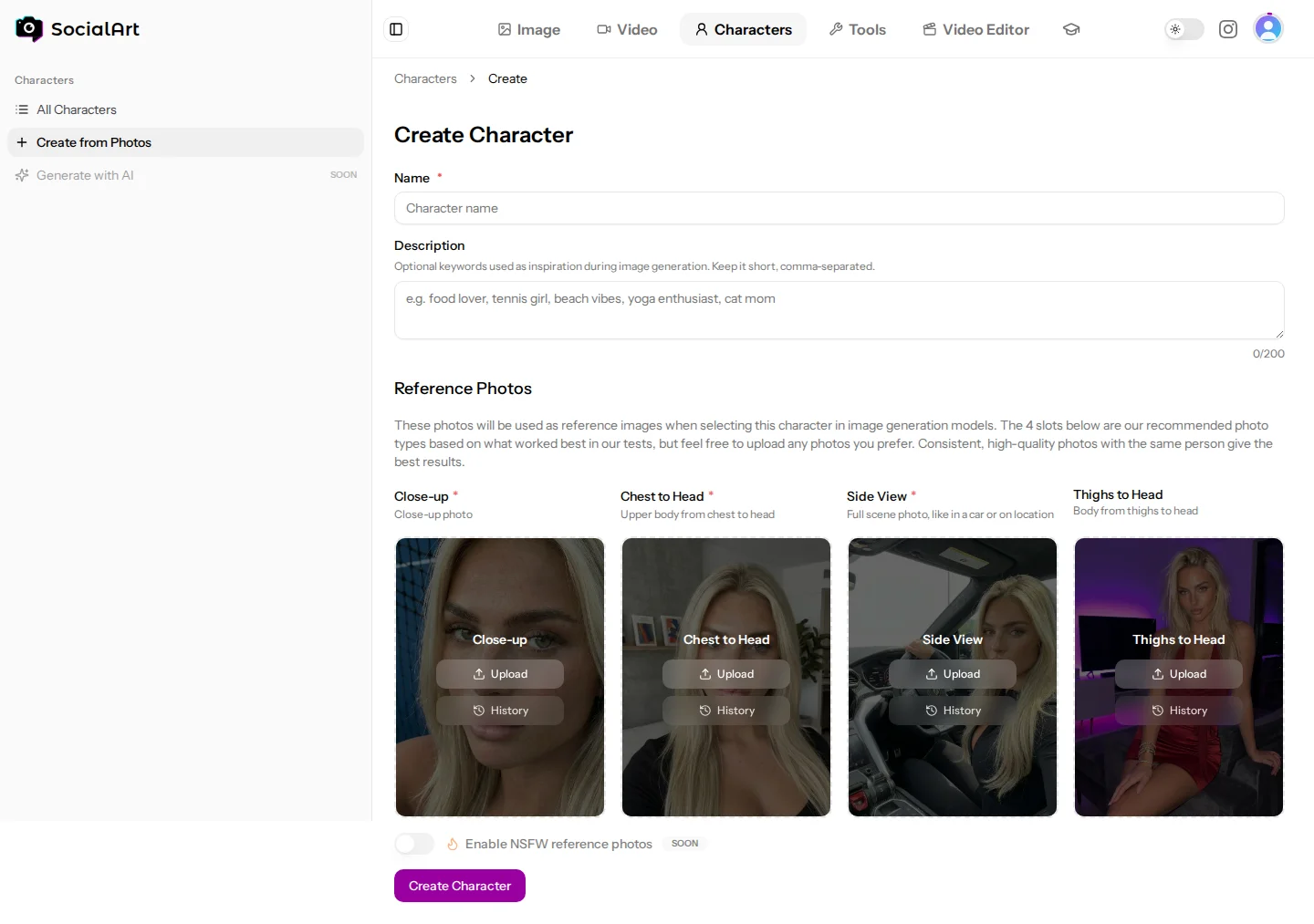 The Create from Photos form with the required reference photo slots