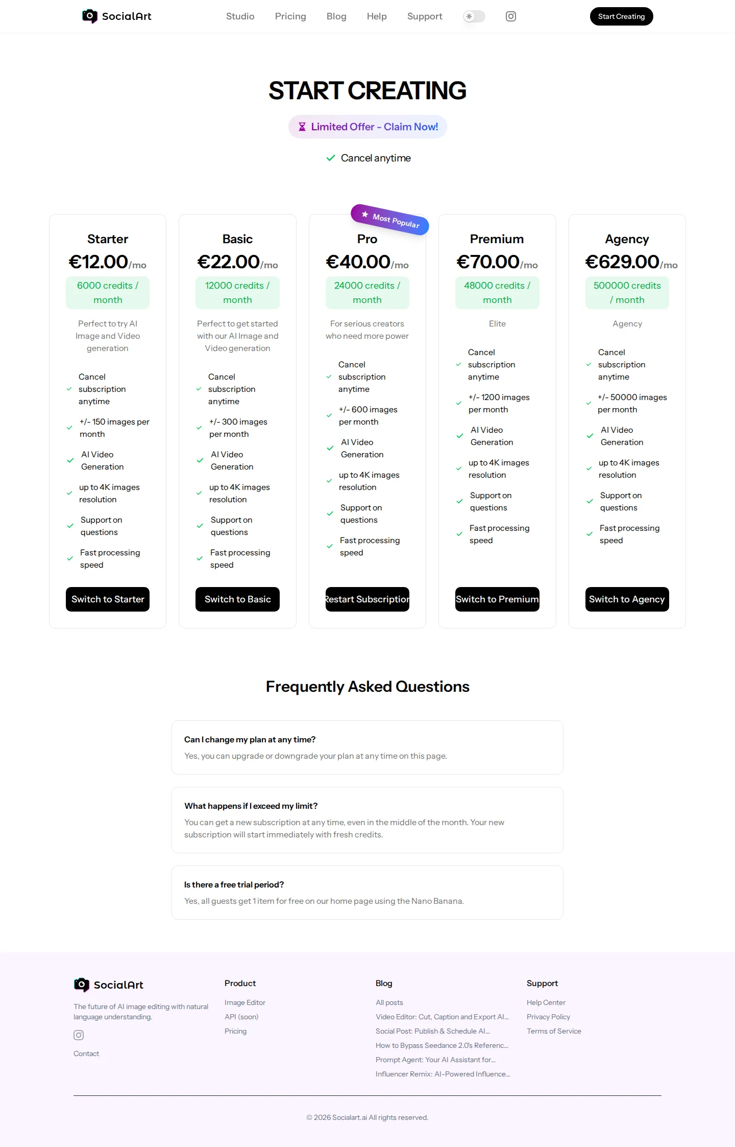 The pricing page with the five subscription plans