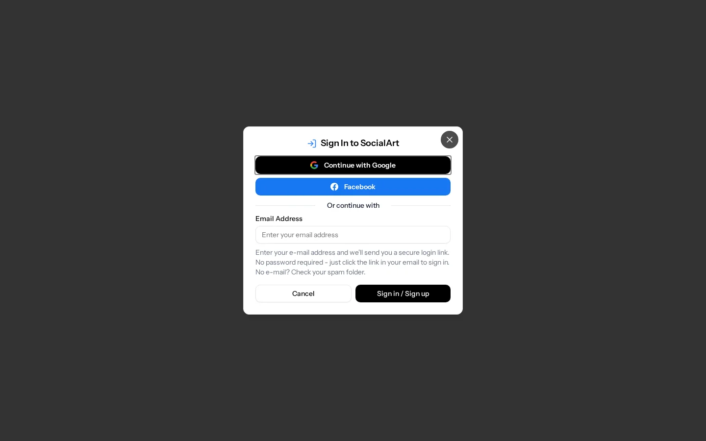 The SocialArt.ai sign-in page: enter your email to receive a one-time code, or continue with Google or Facebook