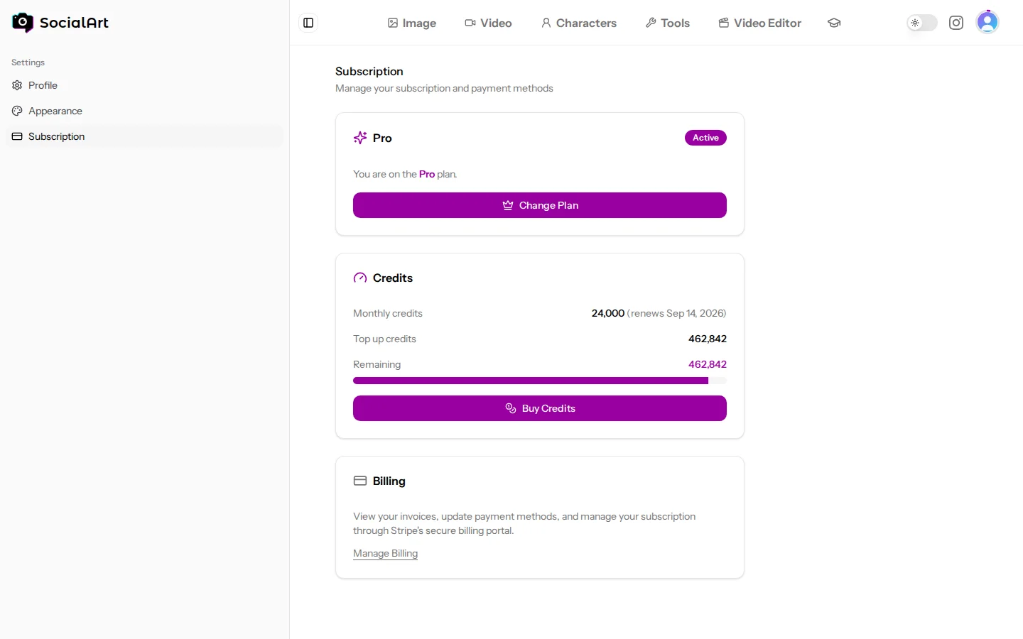 The Subscription settings page with your plan, credit balances and billing portal link