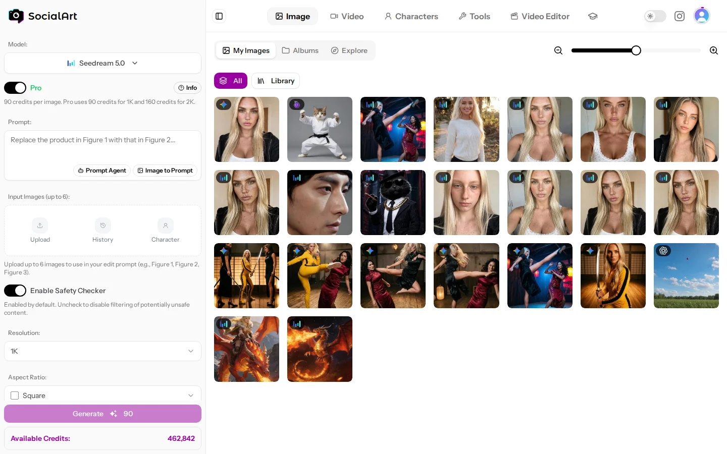 The Image Studio: model and settings on the left, your history on the right