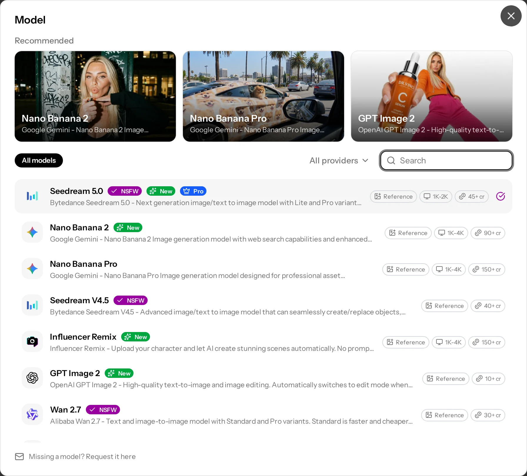 The model picker: recommended models on top, then every model with its badges, reference support and resolutions