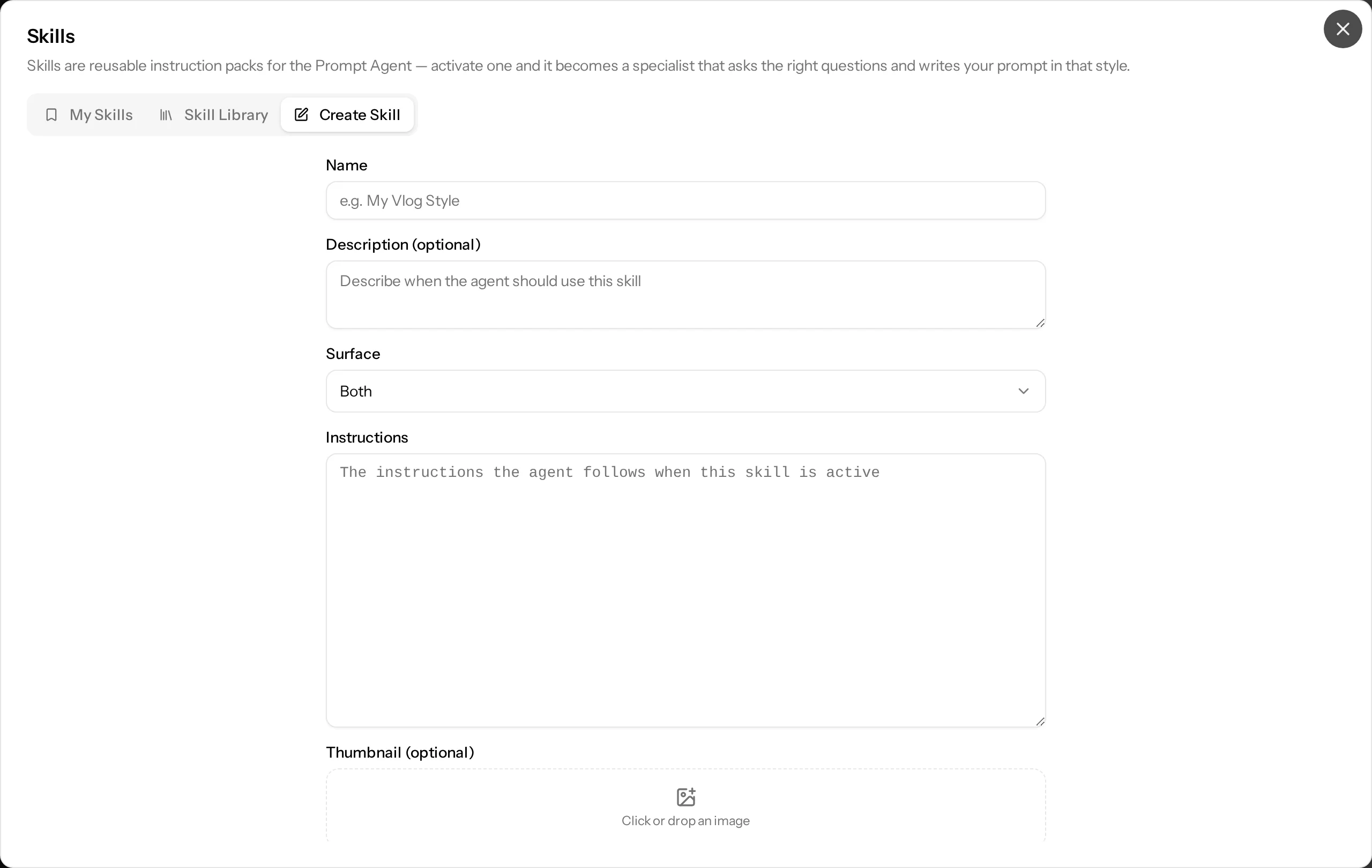 The Create Skill form: name, description, surface, instructions and an optional thumbnail