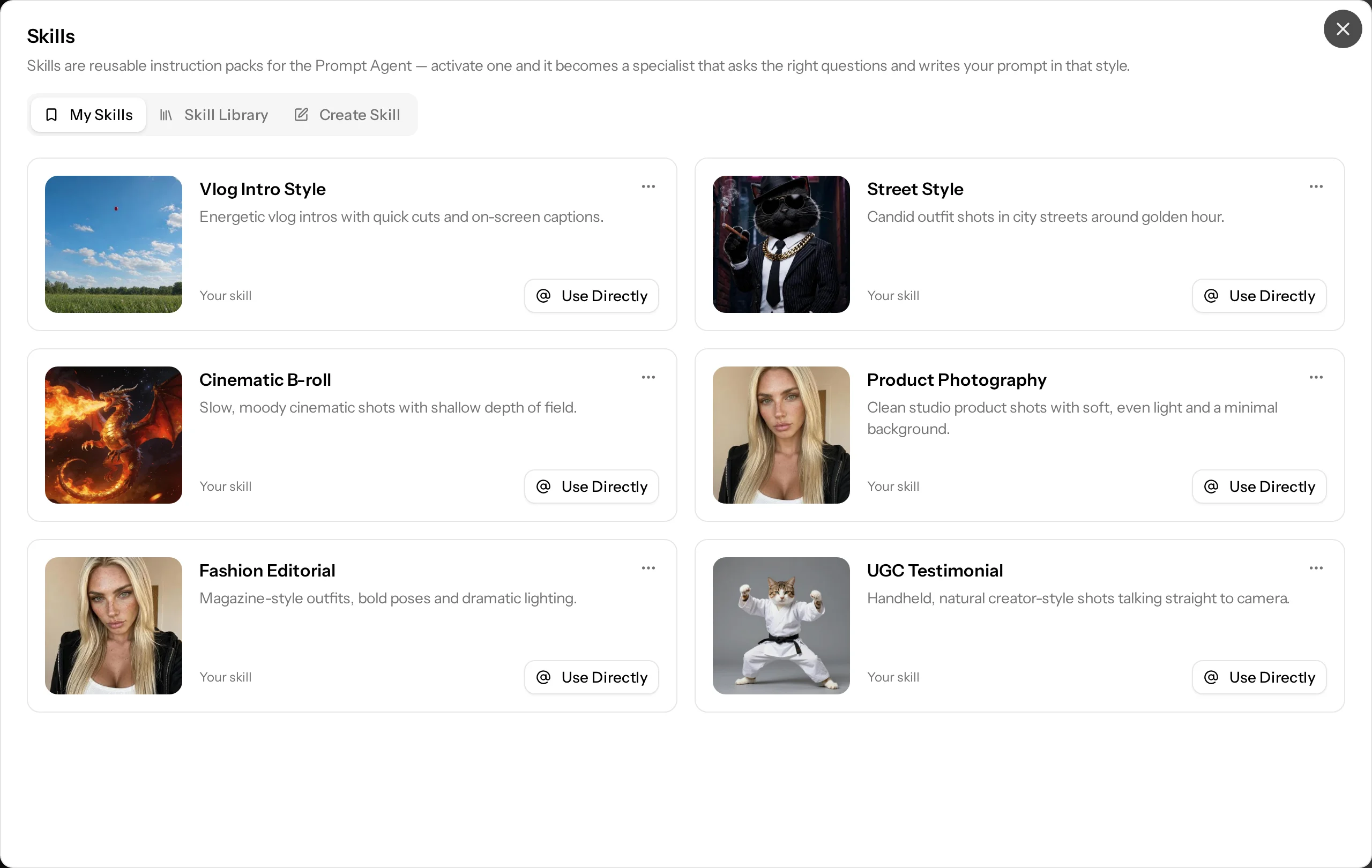 2. Pick a skill and click Use Directly