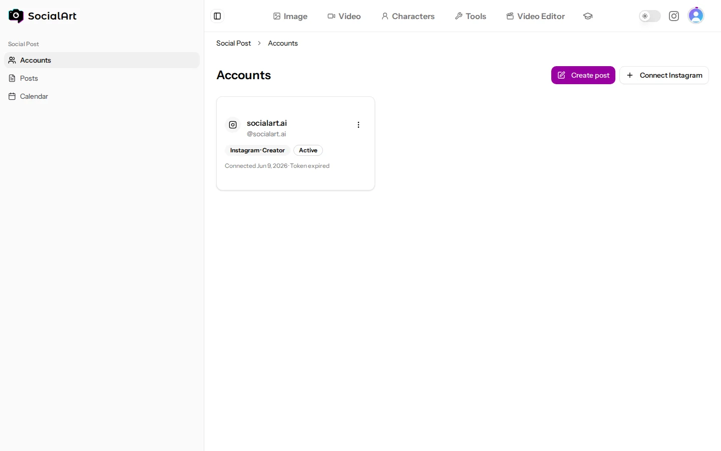 The Accounts page with connected Instagram accounts