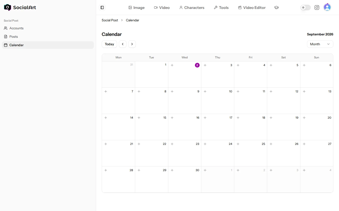 The content calendar with scheduled and published posts