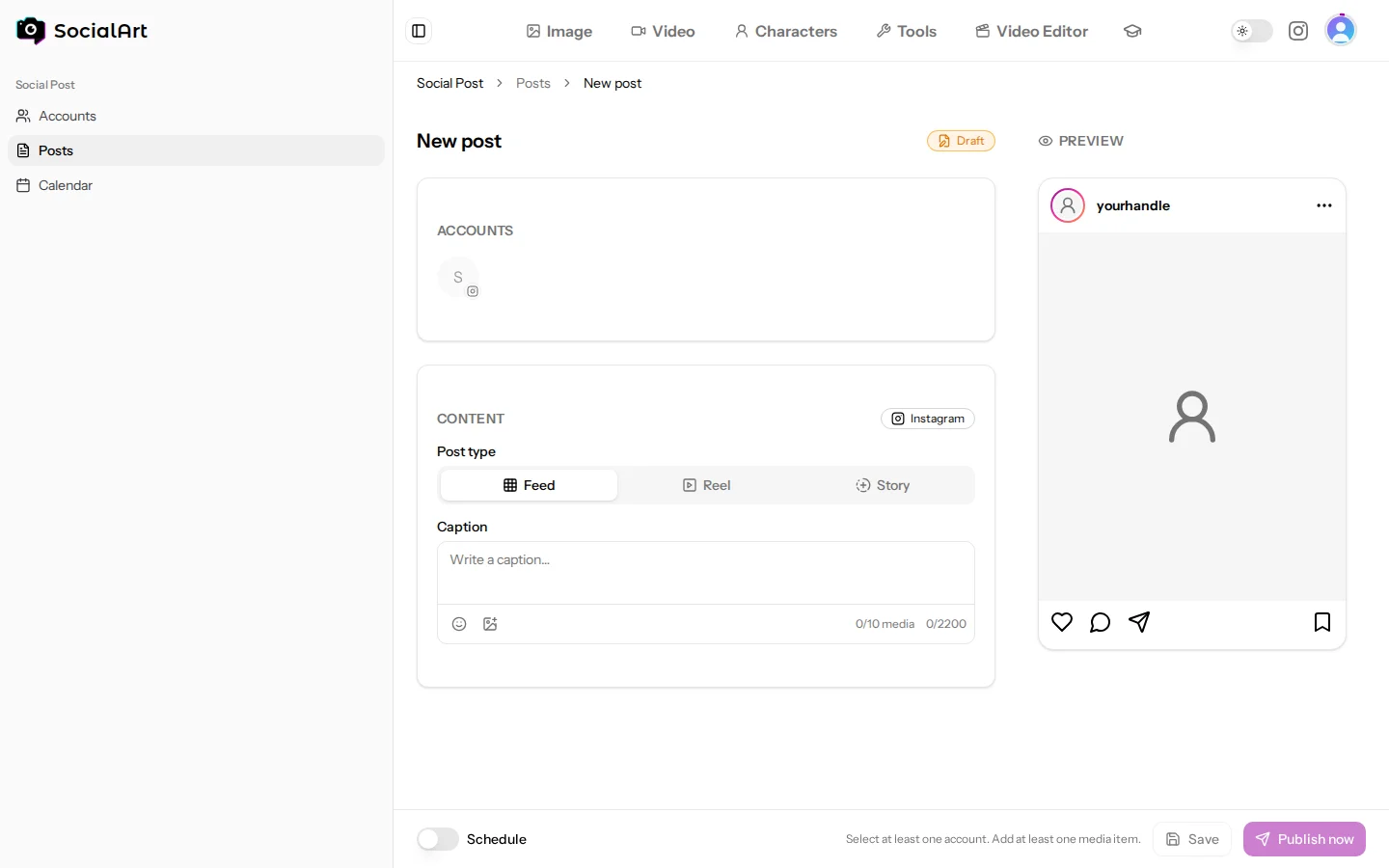 The post composer: accounts, post type, caption and media on the left, the live Instagram preview on the right