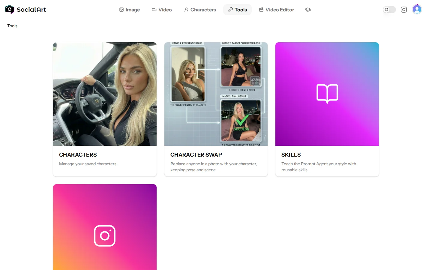 The Tools page with its four cards: Characters, Character Swap, Skills and Social Post