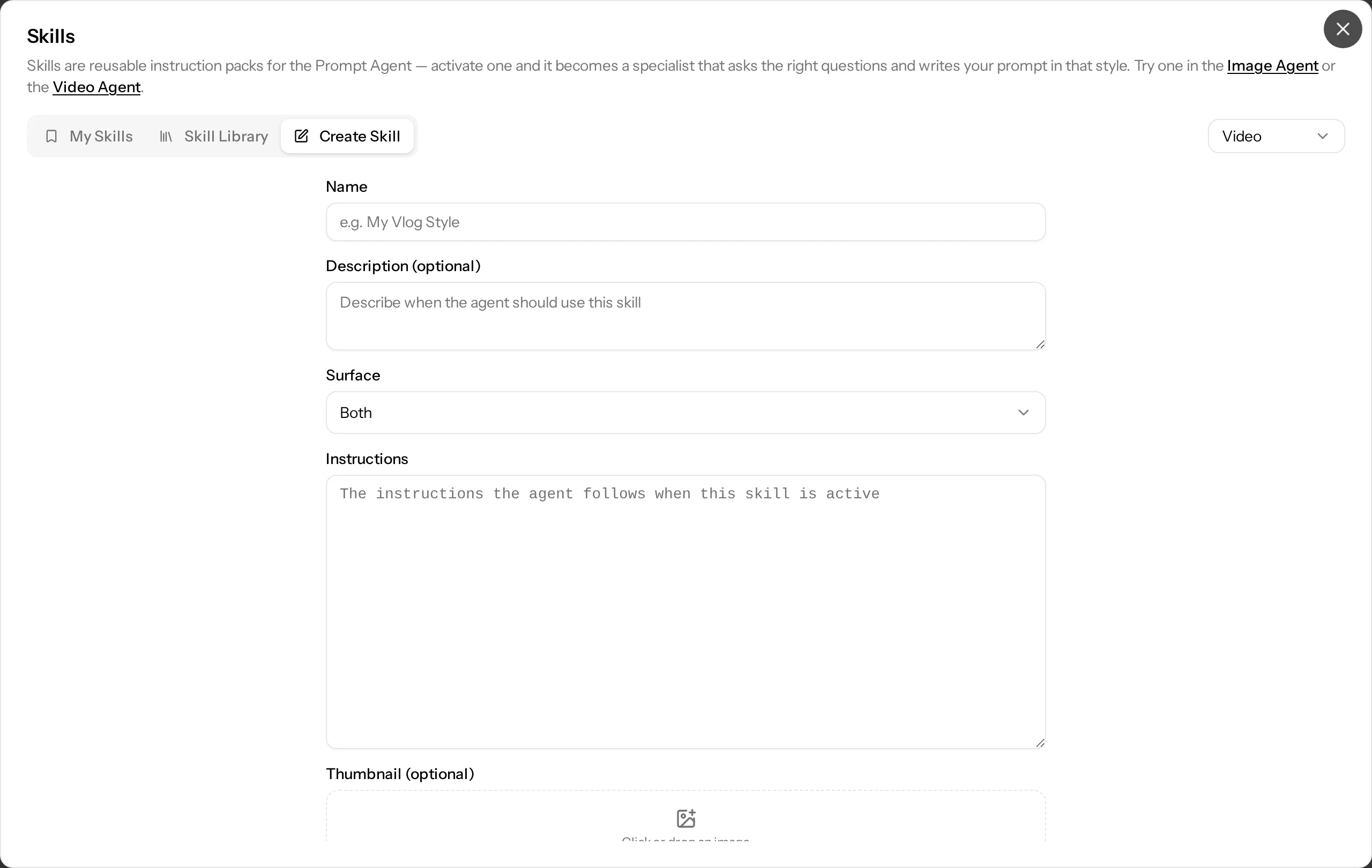 The Skills dialog with the My Skills, Skill Library and Create Skill tabs