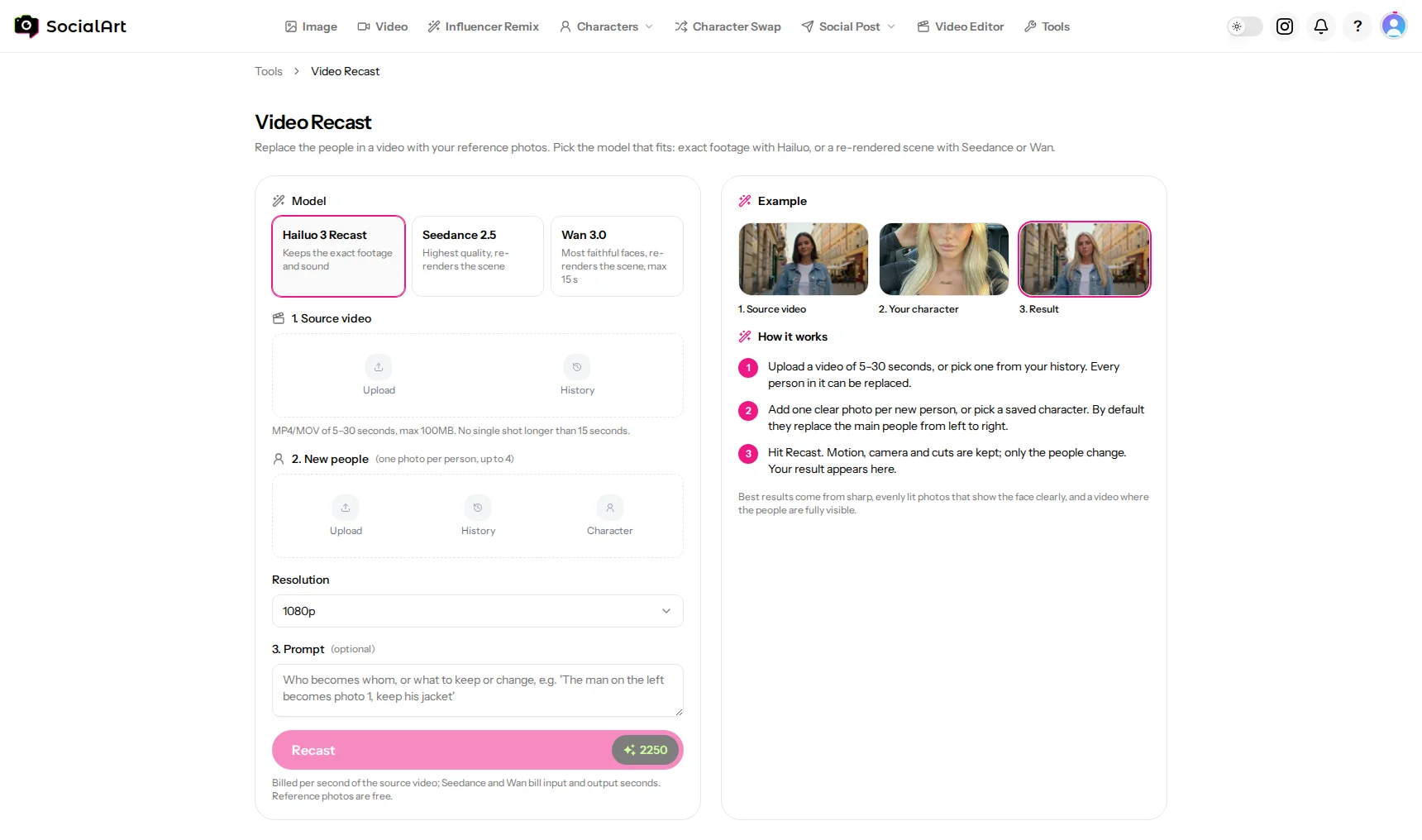 The Video Recast page: the three steps on the left and the result on the right