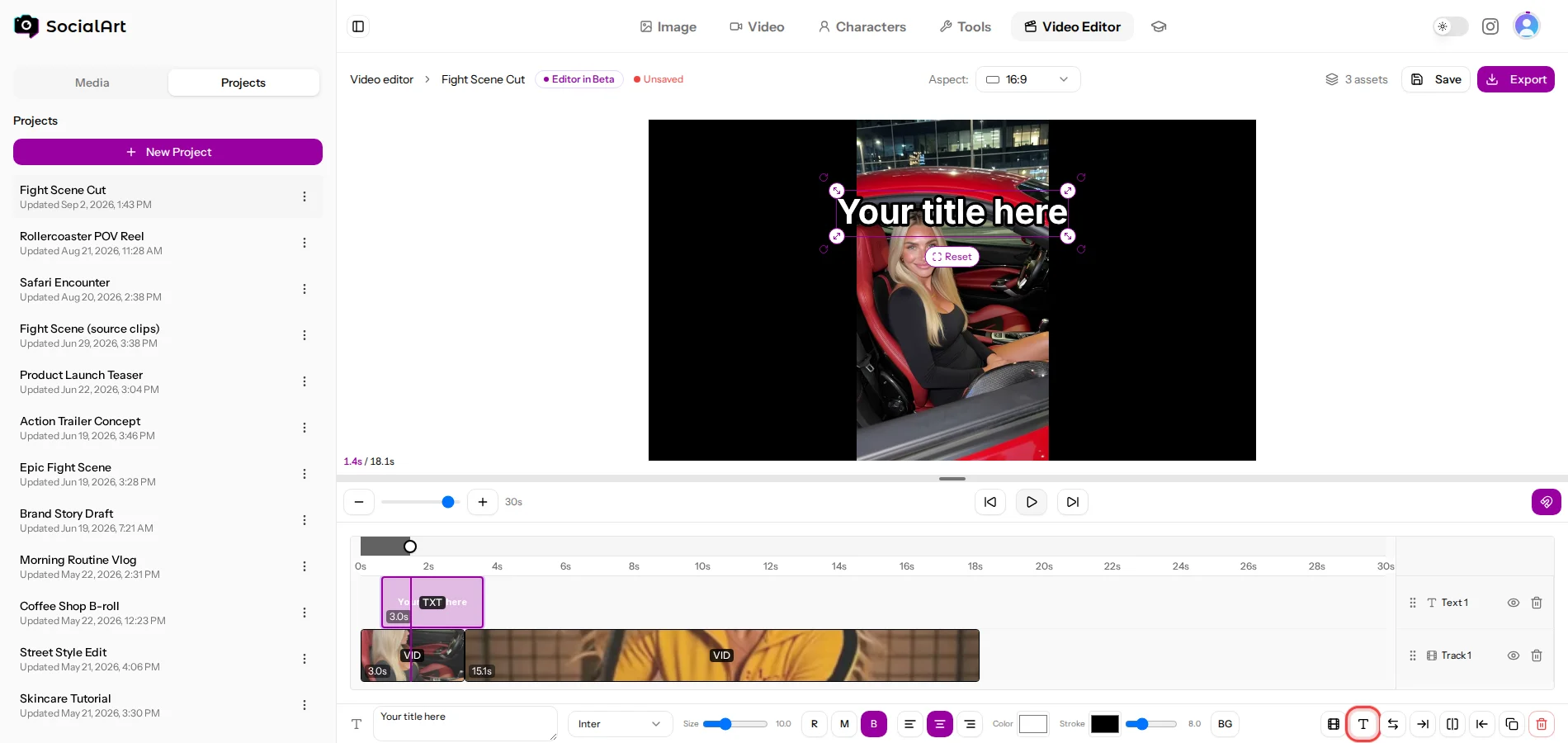 The text clip added to the timeline, with the Add text button marked in red