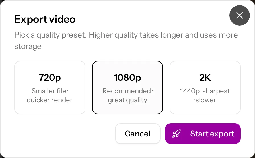 The Export video dialog with the 720p, 1080p and 2K presets