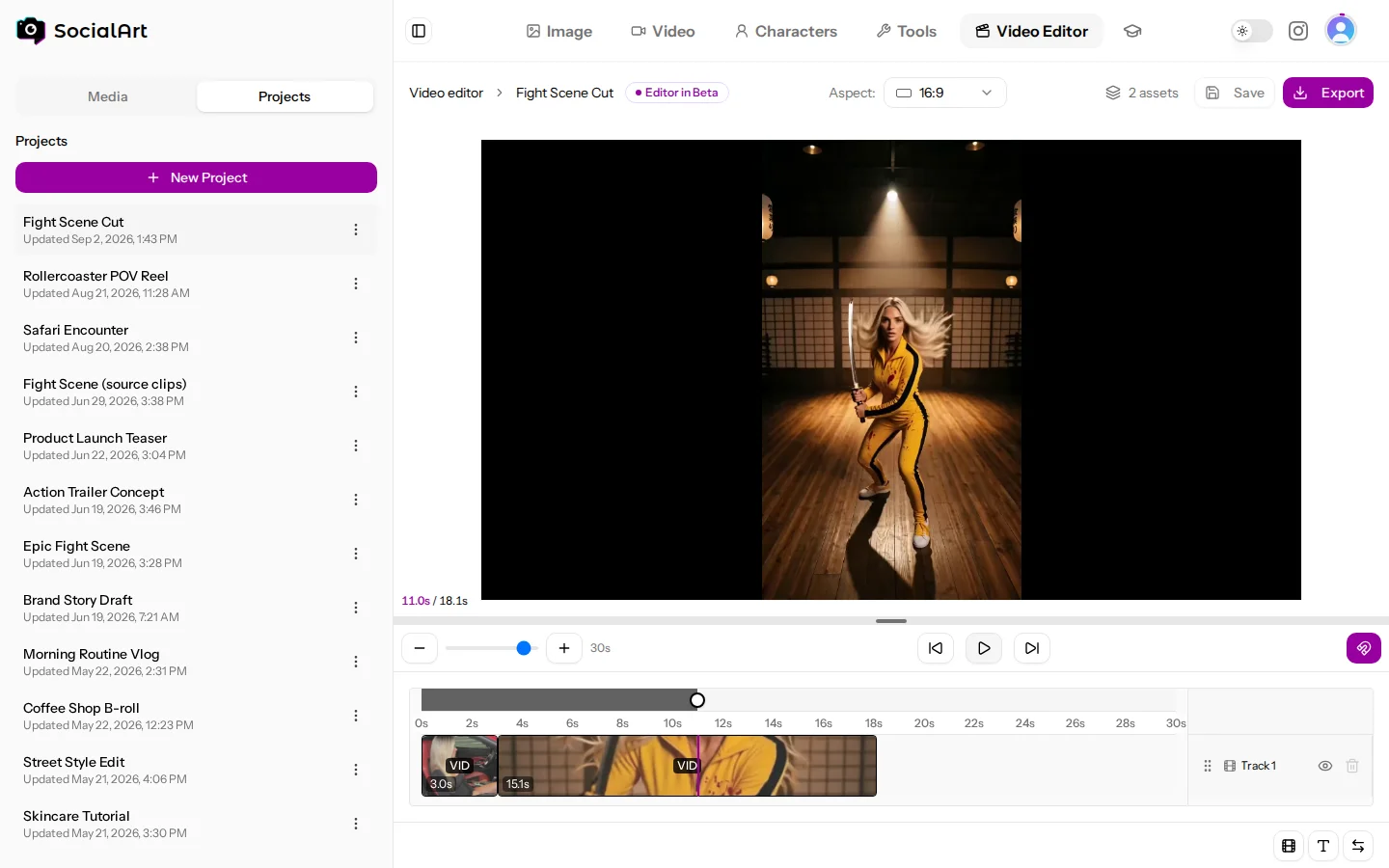 The video editor: project list on the left, preview on top and the timeline with two clips below